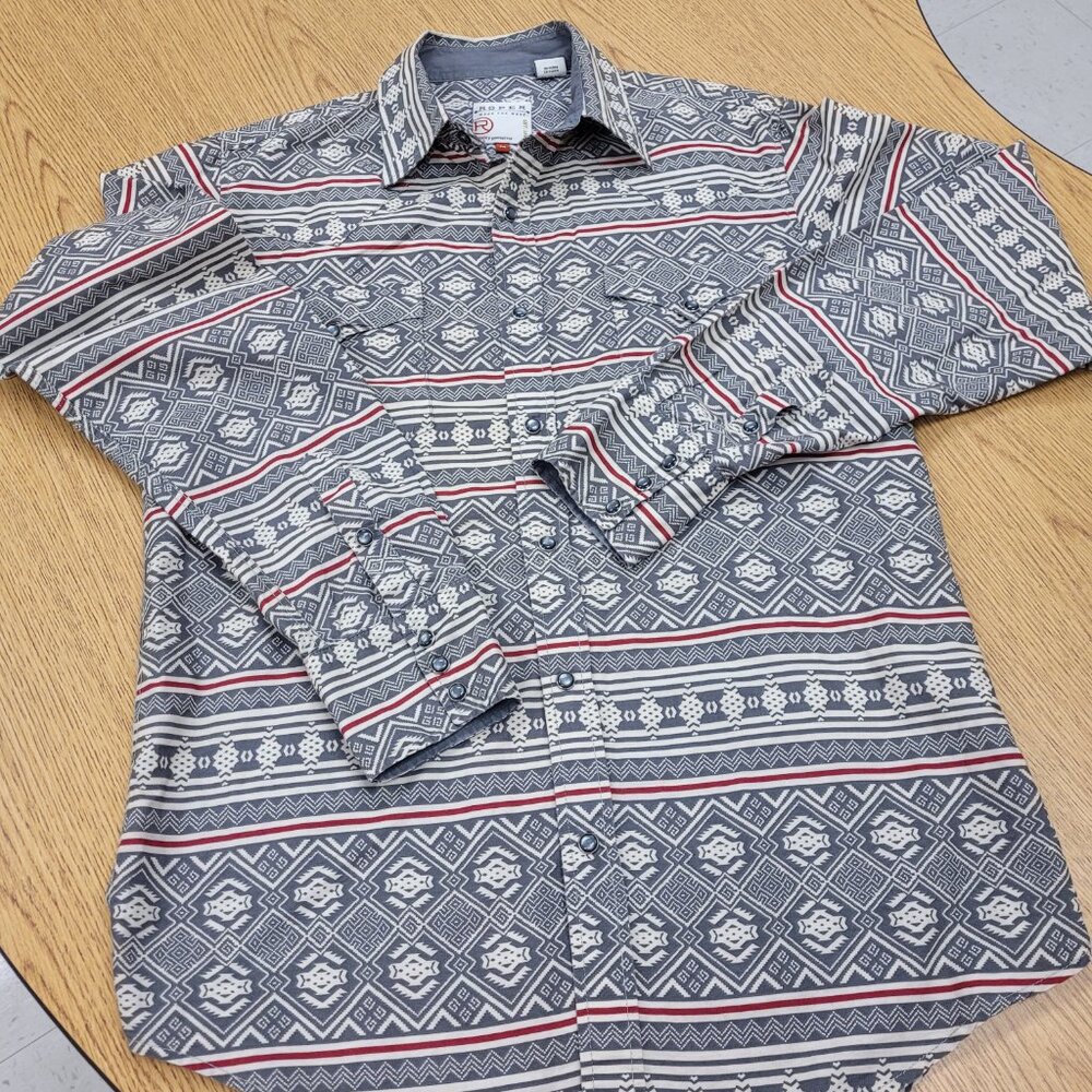 Roper Men's Shirt Medium Western Aztec Geometric  Pearl Snap Button Long Sleeve